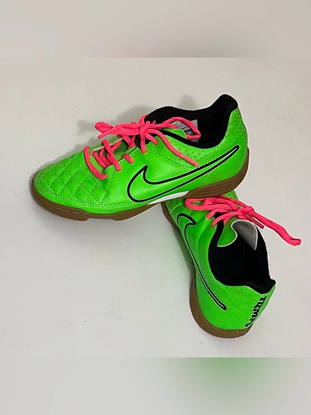 Nike Kids Bright Green Indoor Soccer Sneakers with Pink Laces